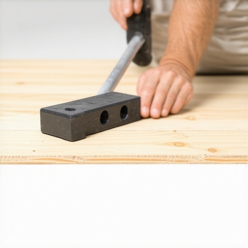 Proper Tapping Block Technique for Rigid Core Vinyl Close-up of a person installing rigid core vinyl flooring using a tapping block and mallet.