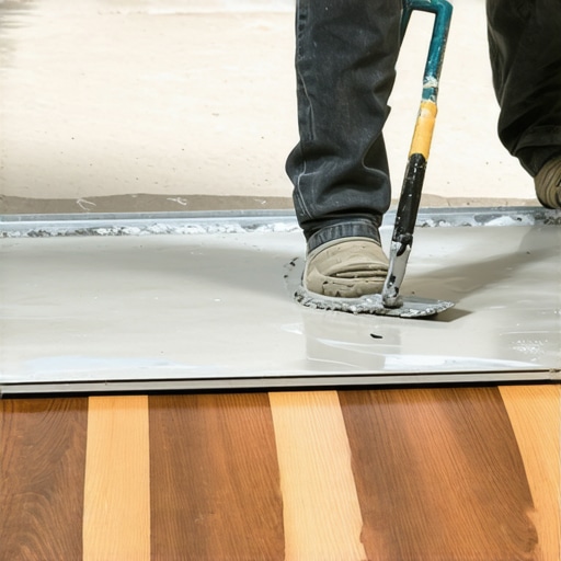 Proper Trowel Technique for Flooring Adhesive A person spreading glue on a subfloor with a notched trowel.