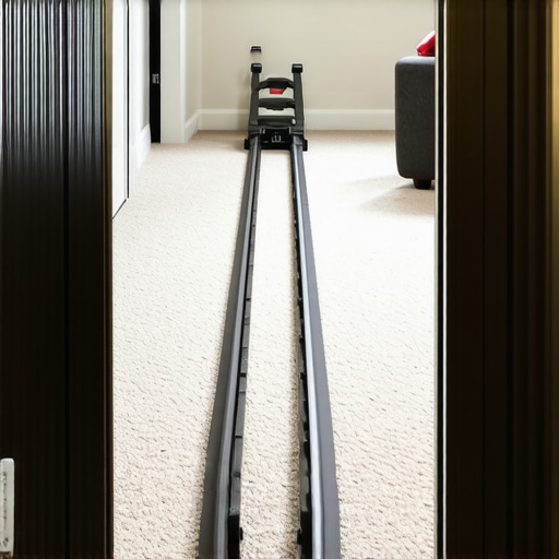 A power stretcher being used to tension carpet during a professional installation