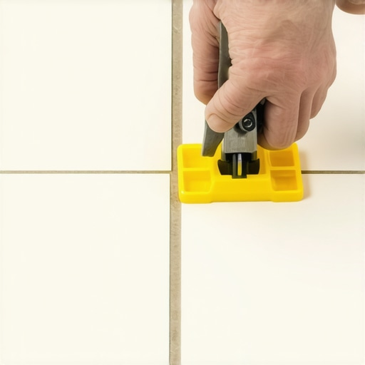 Properly Tightening Tile Leveling Wedges A close-up of a hand using pliers on a tile leveling system for a flat finish.
