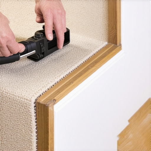 Properly Tucking Carpet into Stair Junctions A person using a stair tool to tuck carpet into the crotch of a bullnose step for a secure fit.