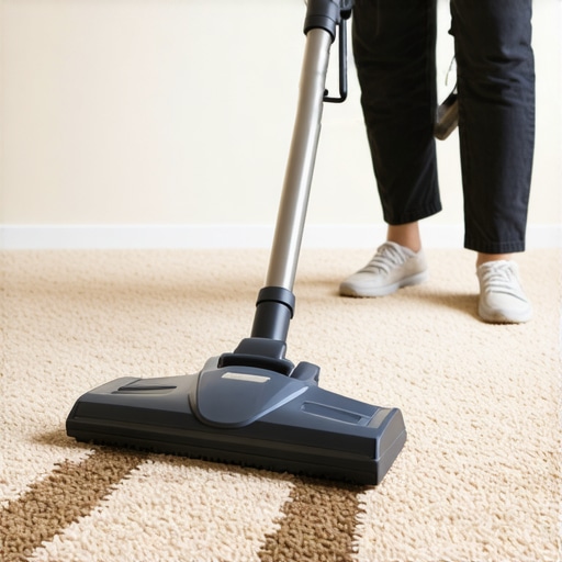Removing carpet roll marks with a vacuum Vacuuming new carpet to lift compressed fibers and remove manufacturing lines.