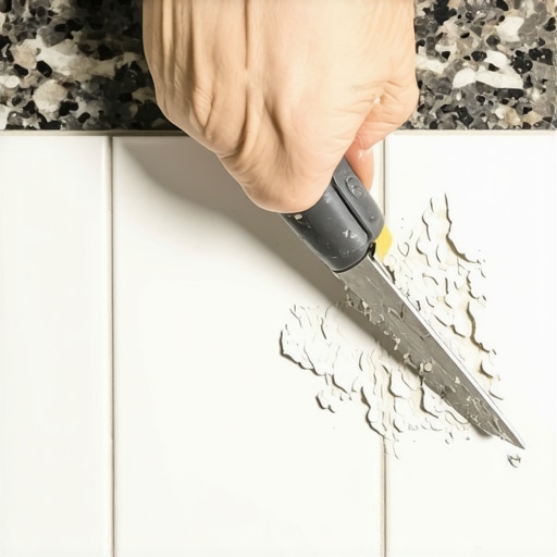 Close up of scraping old grout from a kitchen tile gap with a utility knife.