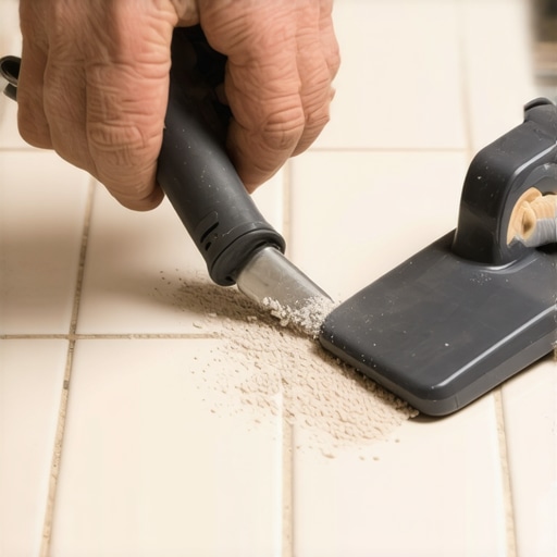 Close up of grout removal process with a hand tool and vacuum