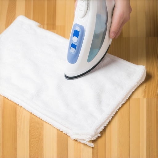 Using an iron and towel to remove white moisture haze from hardwood flooring.