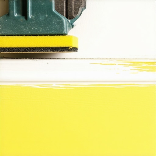Close-up of a worker sanding a yellowed baseboard to prepare for a fresh coat of white acrylic paint.