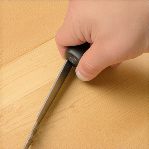 Close up of a utility knife making a precise cut on a luxury vinyl flooring plank