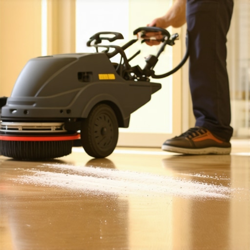 A floor buffer being used to abrade the surface of a hardwood floor before applying a new finish.