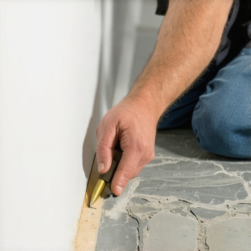Scribing Baseboards for a Perfect Fit A carpenter using a scribing tool to match a baseboard to an uneven stone floor.
