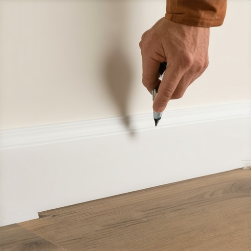 A DIYer using a scribing tool to mark a baseboard against a wavy wall for a seamless installation.