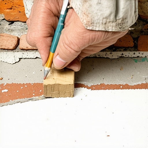A carpenter using a wood block-scribe to mark the profile of brick on baseboard trim.