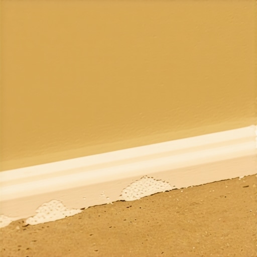 Hand applying a silicone bead to the bottom of a white baseboard to prevent rot.