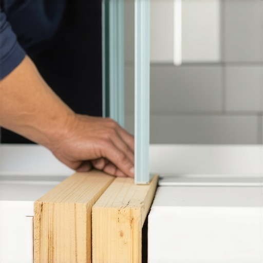 Shimming a Glass Shower Door for Alignment A hand placing wood shims under a dragging glass shower door to prevent it from scratching the floor tile.