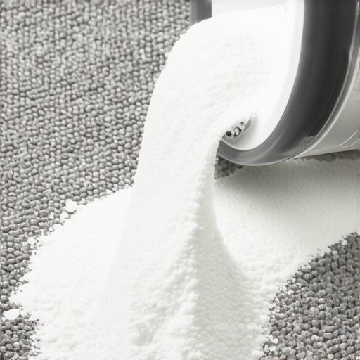 Sifting baking soda onto carpet fibers A person sifting baking soda onto a grey carpet to remove deep odors.