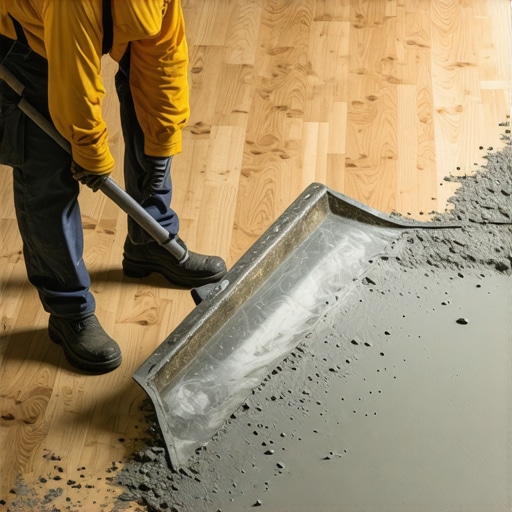 A professional smoothing a subfloor using self-leveling compound to fix hollow floor sounds.