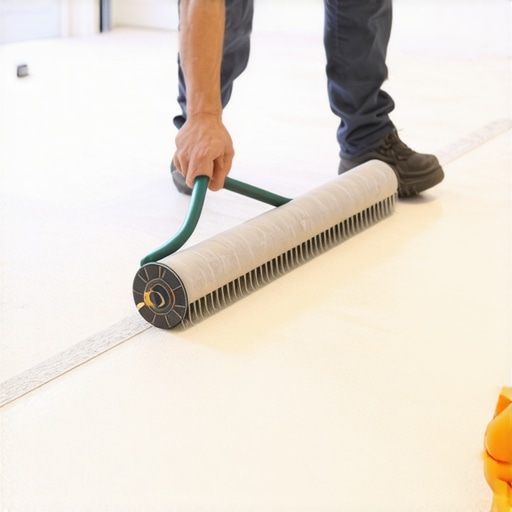 A contractor uses a spike roller and gauge rake to evenly distribute floor leveler over a subfloor.