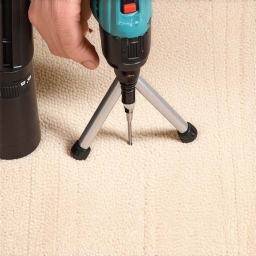 Using a tripod guide tool to drive a squeak-repair screw through carpet without snagging fibers.