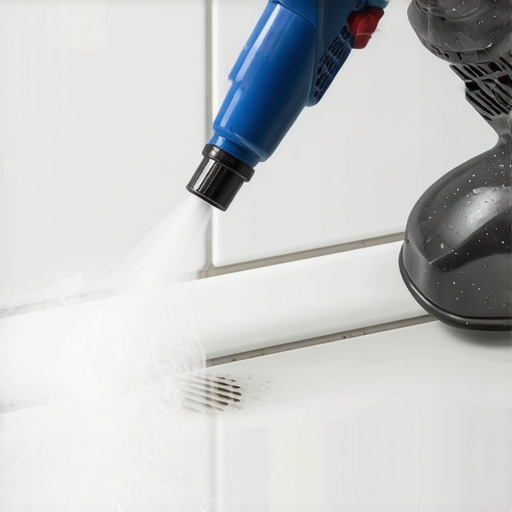 Handheld steamer cleaning bathroom tile grout lines.
