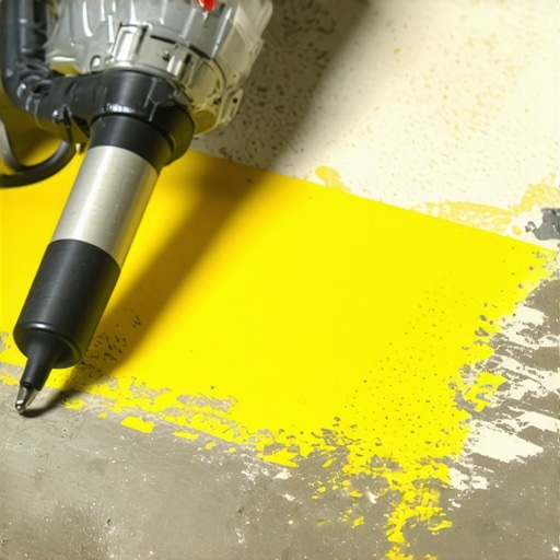 A person using a heat gun and scraper to remove old floor glue from concrete.