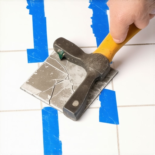 Using a hammer and chisel to remove a single broken tile while protecting the surrounding floor.