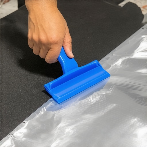 Hands sealing flooring underlayment seams with specialized tape and a squeegee