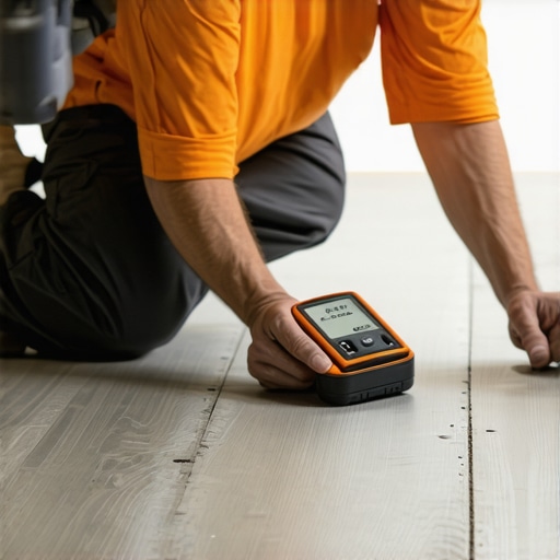Testing Concrete Moisture Levels Professional checking concrete slab moisture with a digital meter before flooring installation.