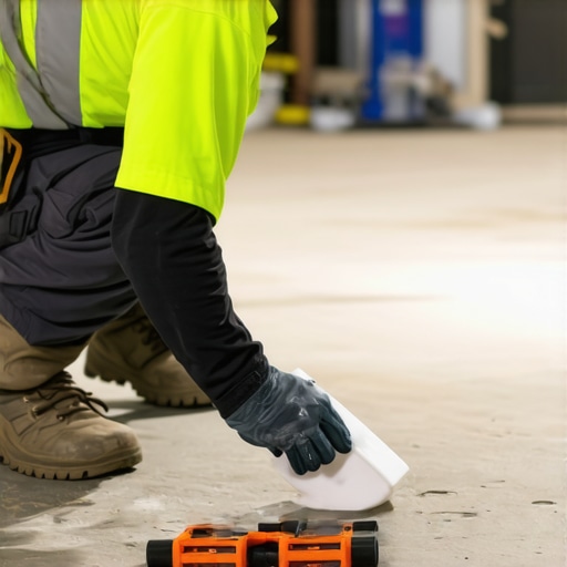 Testing Concrete Moisture Levels A contractor using a moisture test kit on a concrete slab before flooring installation.