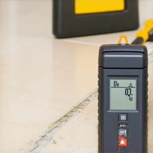 A professional flooring installer using a digital moisture meter on a concrete subfloor to check for humidity levels.