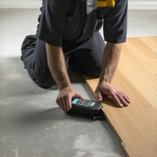 Testing Subfloor Moisture Before Installation Professional moisture testing on a concrete slab to prevent flooring failure.