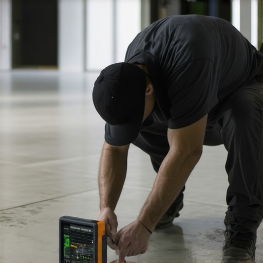 Testing Subfloor Moisture Before Installation Digital moisture meter showing readings on a concrete slab subfloor.