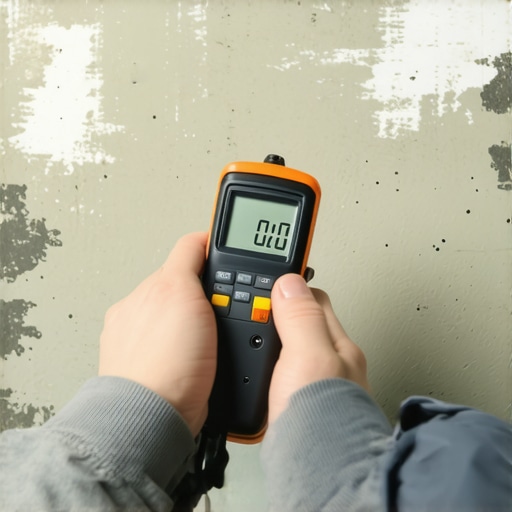 Close up of a moisture meter being used on a concrete floor before installing new flooring.