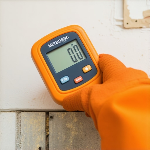 A professional using a moisture meter on a concrete floor to prevent carpet failure.