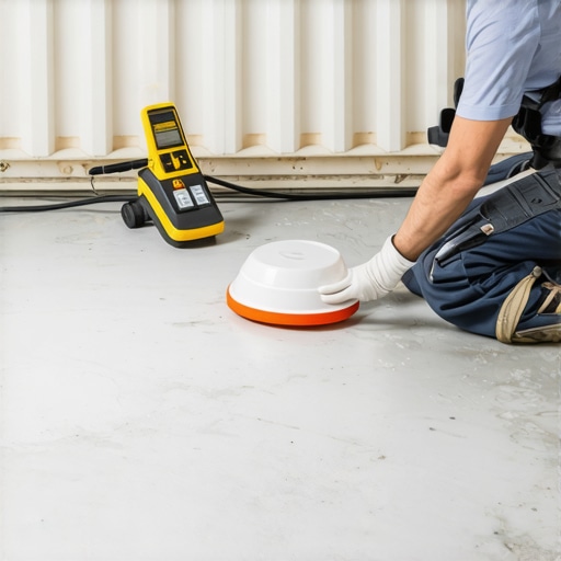 A professional contractor using a calcium chloride test kit to measure moisture in a concrete subfloor.