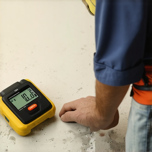 Testing concrete moisture levels Professional moisture test on a concrete subfloor to prevent flooring failure.
