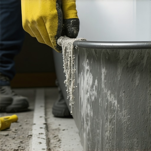 A hand squeezing dry-pack mortar to demonstrate the correct consistency for a bathtub mortar bed.