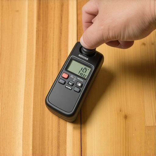 Testing wood moisture before flooring installation Handheld digital moisture meter checking moisture levels of oak wood flooring