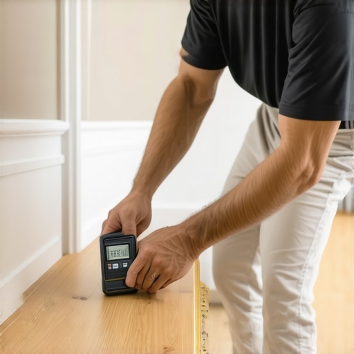 Testing wood moisture before installing trim Carpenter using a moisture meter on baseboard trim