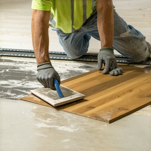 Close-up of notched trowel spreading urethane glue on concrete for hardwood flooring