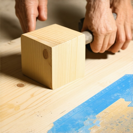 Using double-sided tape and a wood block to fix gaps in the middle of a vinyl floor.