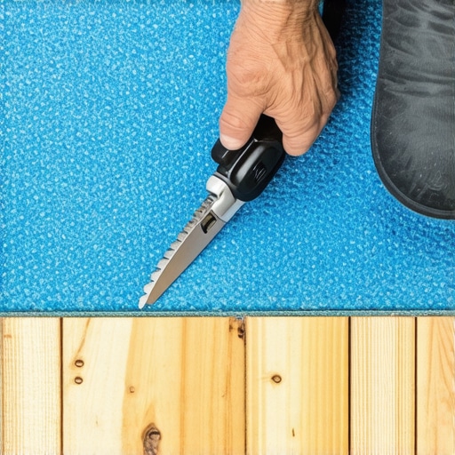 Trimming Carpet Padding for Proper Tack Strip Engagement A utility knife cutting a carpet pad back from a tack strip to allow carpet pins to grip the backing.