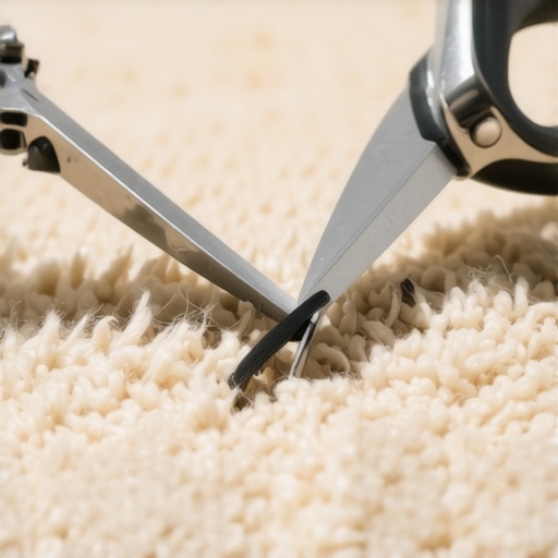 Close up of scissors removing scorched tips from a carpet to prepare for a DIY repair