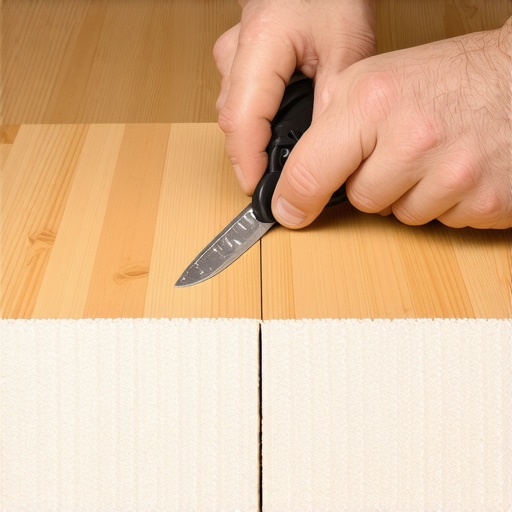 Professional carpet installer trimming padding to allow carpet to grip tack strip pins correctly.