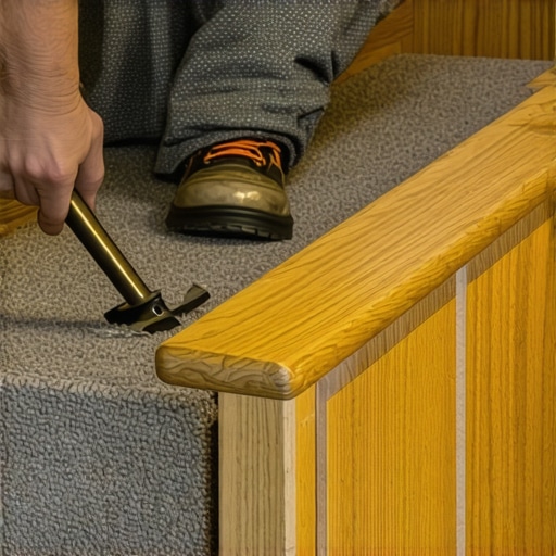 Professional carpet installer using a stair tool to secure carpet on bullnose stairs.