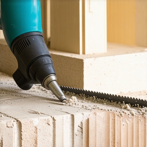 Undercutting stone fireplace for seamless flooring A diamond blade oscillating tool cutting a relief slot in fieldstone for flooring installation.