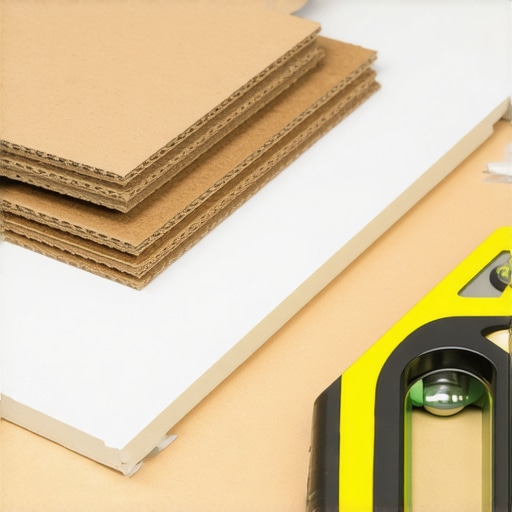 A person leveling a shower base with cardboard stacks on a subfloor.