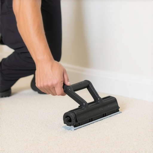 Close-up of a DIY carpet stretching process using a knee kicker tool near a wall.