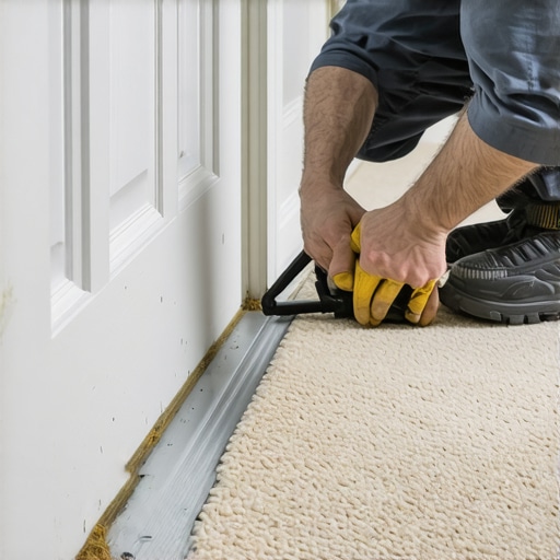 Using a Knee Kicker for Carpet Transitions A person using a knee kicker tool to tension carpet into a doorway transition strip.