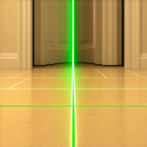 A green beam laser level projecting lines across a bathroom floor to ensure perfectly level baseboard installation.