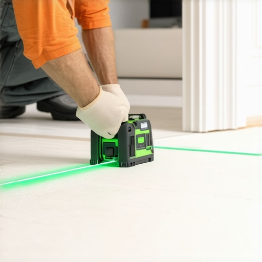 Professional contractor using a green laser level to install baseboards in a luxury bathroom.