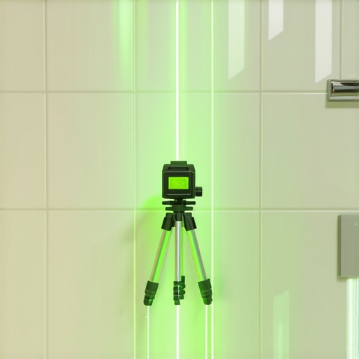 A green laser level projecting a horizontal line on a bathroom tile wall for precise installation.